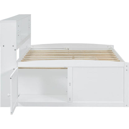 Full Size Wood Daybed with 2 Bedside Cabinets, Upper Shelves and 4 Drawers, White