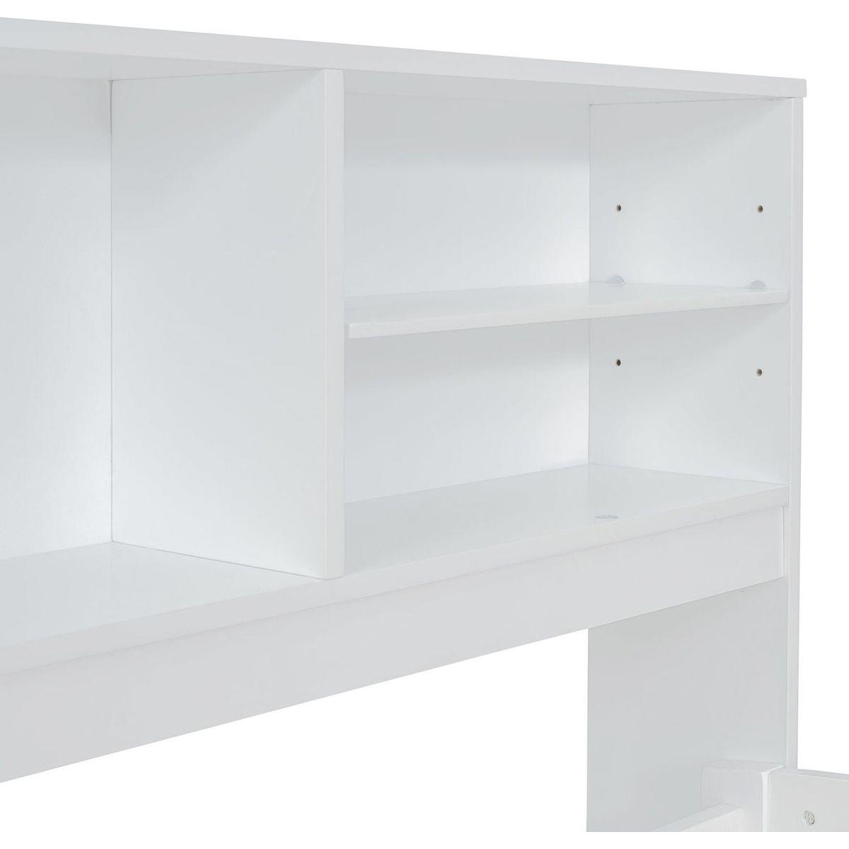 Full Size Wood Daybed with 2 Bedside Cabinets, Upper Shelves and 4 Drawers, White