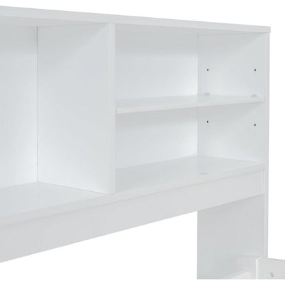 Full Size Wood Daybed with 2 Bedside Cabinets, Upper Shelves and 4 Drawers, White