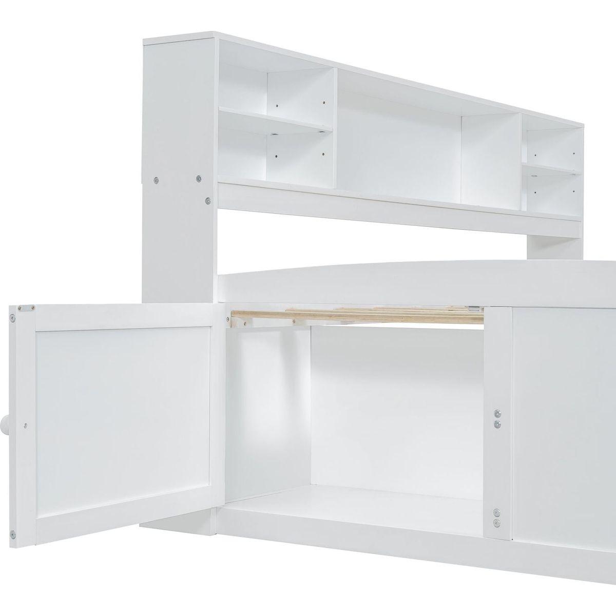 Full Size Wood Daybed with 2 Bedside Cabinets, Upper Shelves and 4 Drawers, White