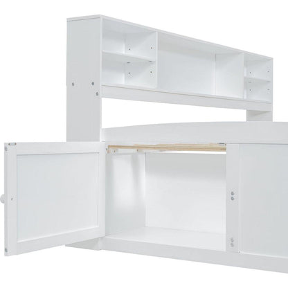 Full Size Wood Daybed with 2 Bedside Cabinets, Upper Shelves and 4 Drawers, White