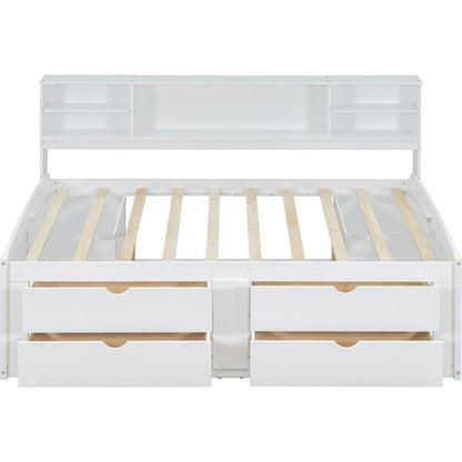 Full Size Wood Daybed with 2 Bedside Cabinets, Upper Shelves and 4 Drawers, White