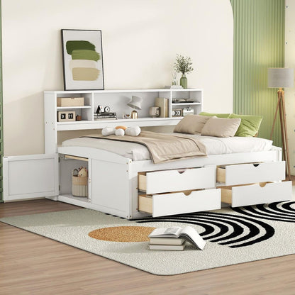 Full Size Wood Daybed with 2 Bedside Cabinets, Upper Shelves and 4 Drawers, White