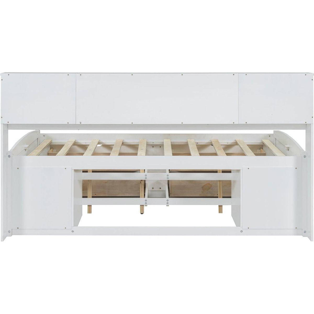 Full Size Wood Daybed with 2 Bedside Cabinets, Upper Shelves and 4 Drawers, White