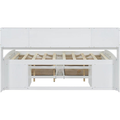 Full Size Wood Daybed with 2 Bedside Cabinets, Upper Shelves and 4 Drawers, White
