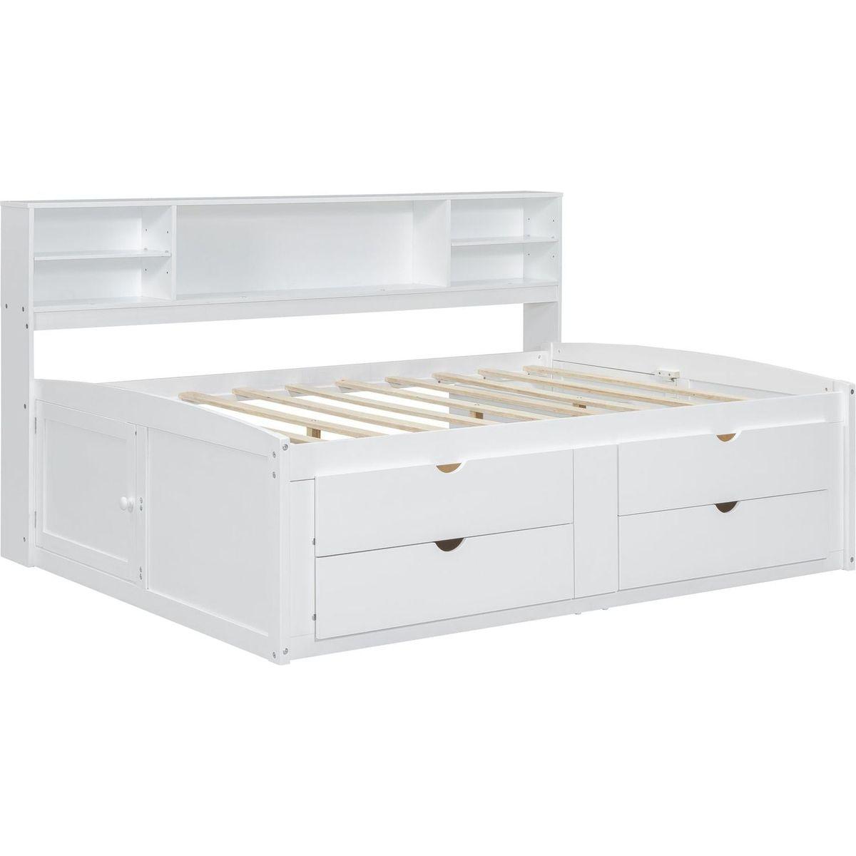 Full Size Wood Daybed with 2 Bedside Cabinets, Upper Shelves and 4 Drawers, White