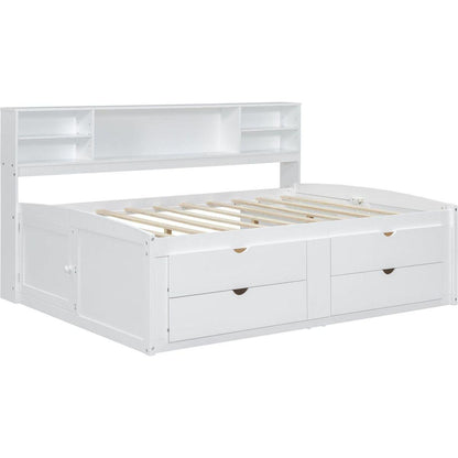 Full Size Wood Daybed with 2 Bedside Cabinets, Upper Shelves and 4 Drawers, White