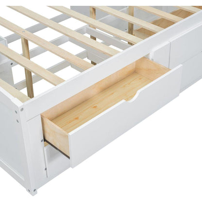 Full Size Wood Daybed with 2 Bedside Cabinets, Upper Shelves and 4 Drawers, White