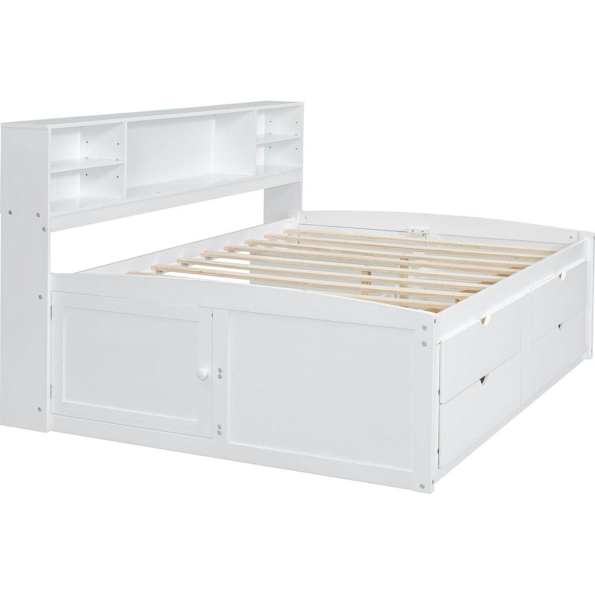 Full Size Wood Daybed with 2 Bedside Cabinets, Upper Shelves and 4 Drawers, White