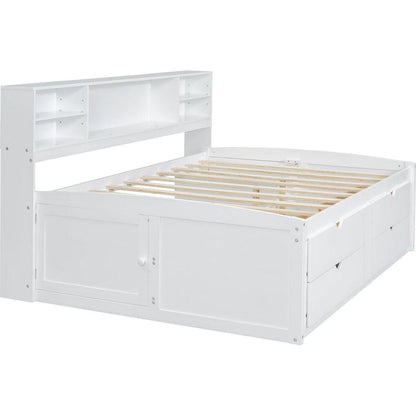 Full Size Wood Daybed with 2 Bedside Cabinets, Upper Shelves and 4 Drawers, White