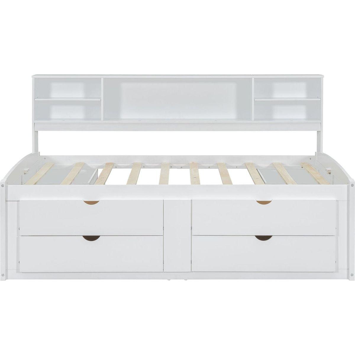 Full Size Wood Daybed with 2 Bedside Cabinets, Upper Shelves and 4 Drawers, White