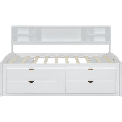 Full Size Wood Daybed with 2 Bedside Cabinets, Upper Shelves and 4 Drawers, White