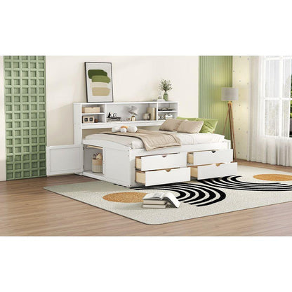 Full Size Wood Daybed with 2 Bedside Cabinets, Upper Shelves and 4 Drawers, White