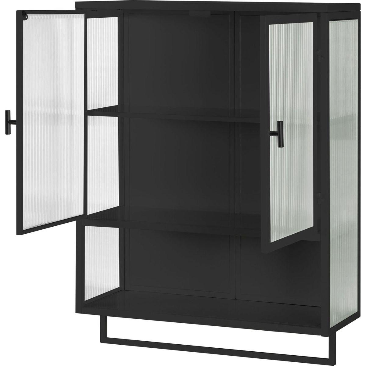 23.62"Glass Doors Modern Two-door Wall Cabinet with Featuring Two-tier Enclosed Storage, an Open Shelf, and Towel Rack, for Entryway Living Room Bathroom Dining Room,Black