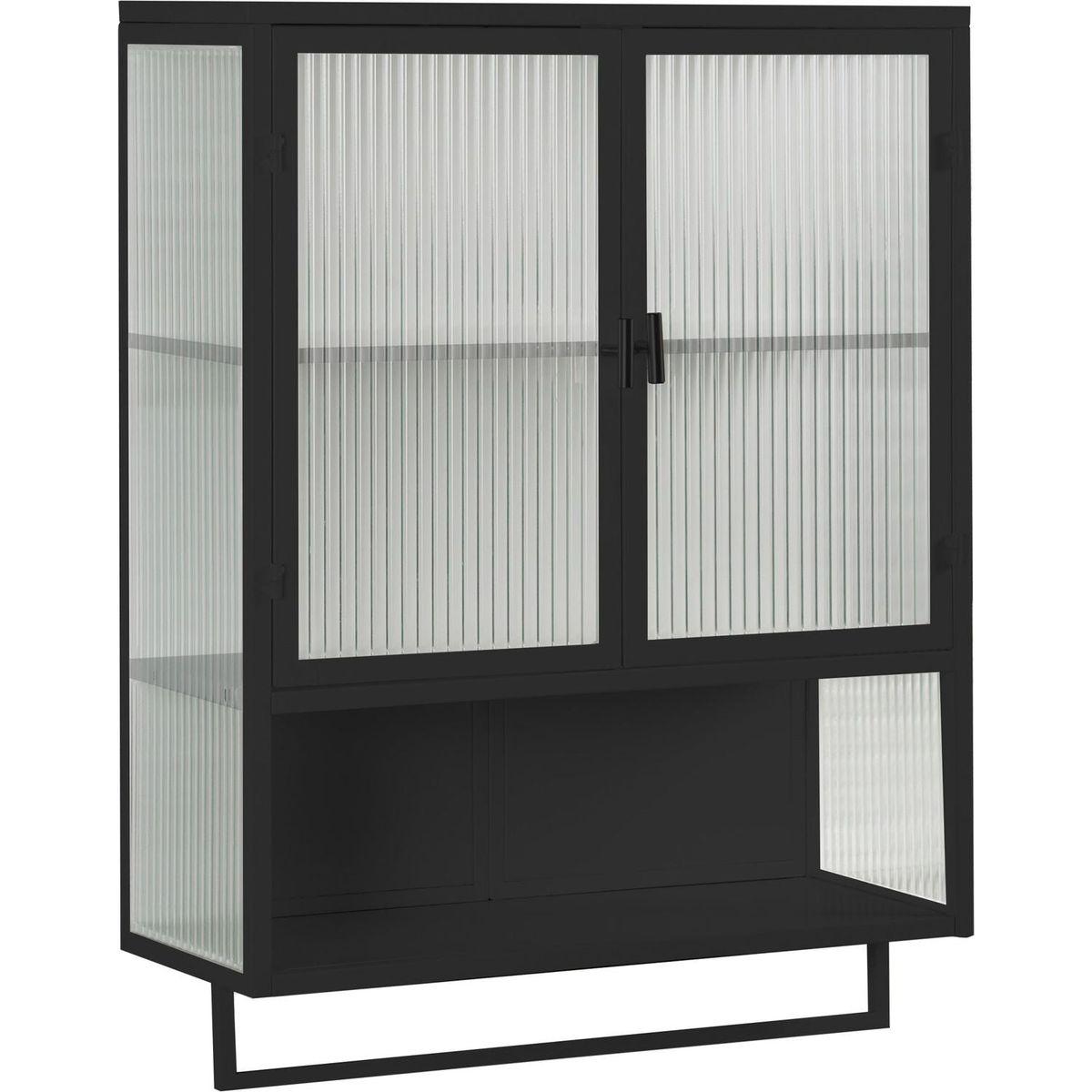 23.62"Glass Doors Modern Two-door Wall Cabinet with Featuring Two-tier Enclosed Storage, an Open Shelf, and Towel Rack, for Entryway Living Room Bathroom Dining Room,Black