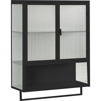 23.62"Glass Doors Modern Two-door Wall Cabinet with Featuring Two-tier Enclosed Storage, an Open Shelf, and Towel Rack, for Entryway Living Room Bathroom Dining Room,Black