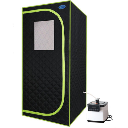 Portable Plus Type Full Size Steam Sauna tent. Spa, Detox, Therapy and Relaxation at home.Larger Space,Stainless Steel Pipes Connector Easy to Install, with FCC Certification--Black(Green binding)