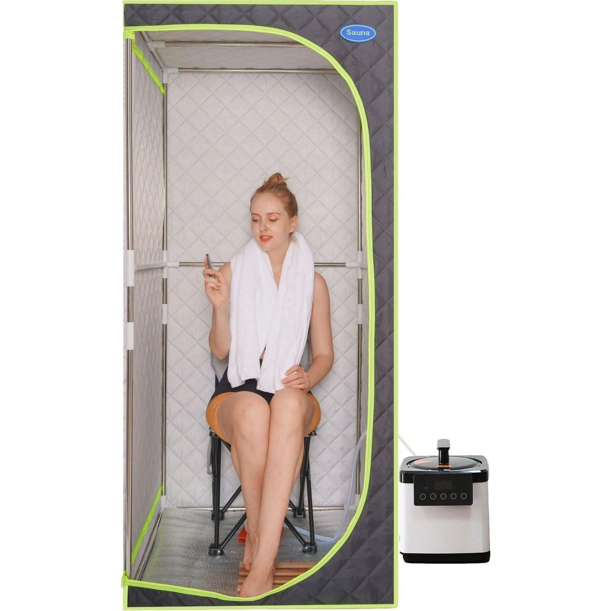 Portable Plus Type Full Size Steam Sauna tent. Spa, Detox, Therapy and Relaxation at home.Larger Space,Stainless Steel Pipes Connector Easy to Install, with FCC Certification--Black(Green binding)