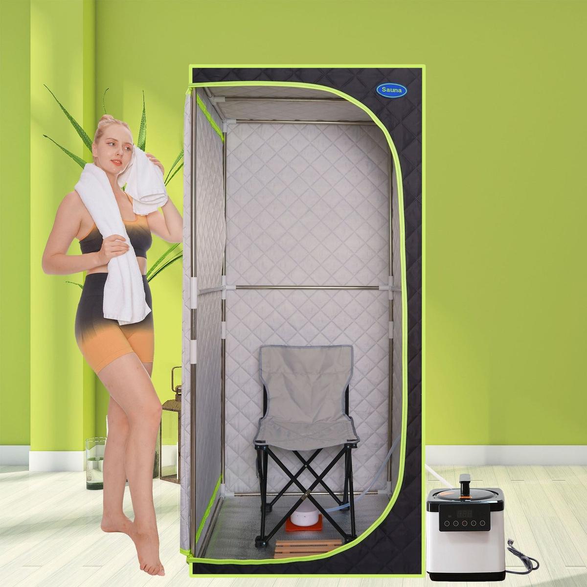 Portable Plus Type Full Size Steam Sauna tent. Spa, Detox, Therapy and Relaxation at home.Larger Space,Stainless Steel Pipes Connector Easy to Install, with FCC Certification--Black(Green binding)