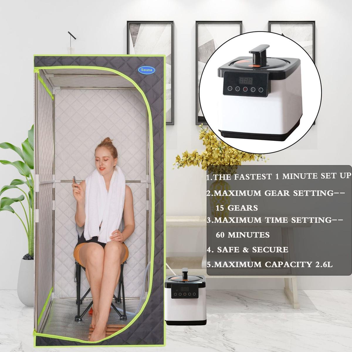 Portable Plus Type Full Size Steam Sauna tent. Spa, Detox, Therapy and Relaxation at home.Larger Space,Stainless Steel Pipes Connector Easy to Install, with FCC Certification--Black(Green binding)