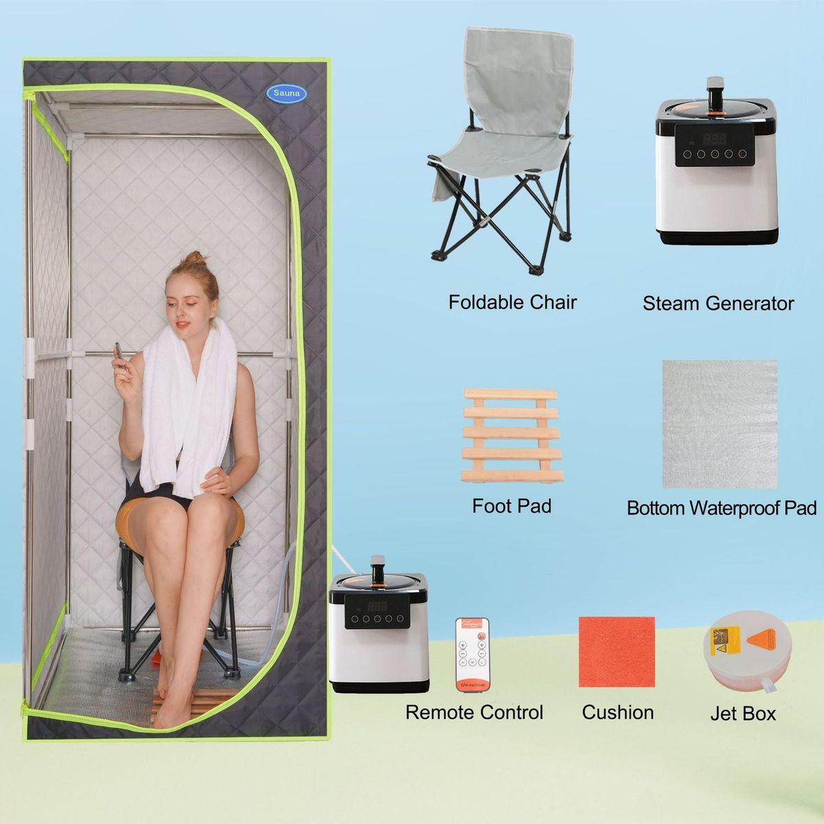 Portable Plus Type Full Size Steam Sauna tent. Spa, Detox, Therapy and Relaxation at home.Larger Space,Stainless Steel Pipes Connector Easy to Install, with FCC Certification--Black(Green binding)