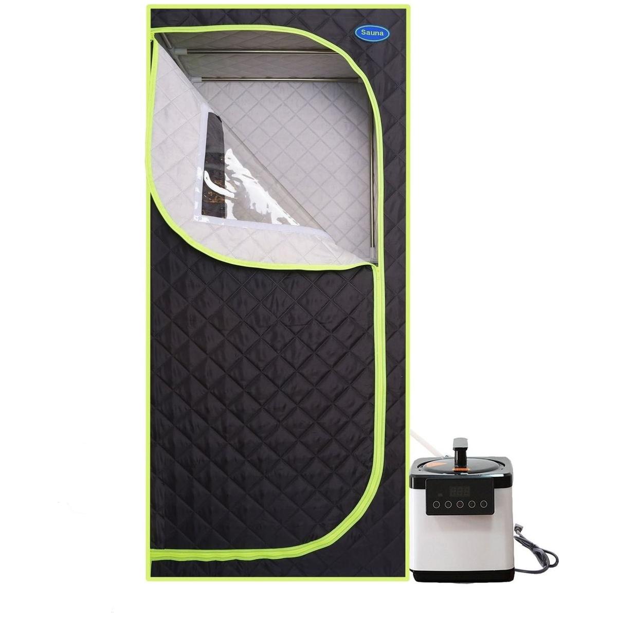 Portable Plus Type Full Size Steam Sauna tent. Spa, Detox, Therapy and Relaxation at home.Larger Space,Stainless Steel Pipes Connector Easy to Install, with FCC Certification--Black(Green binding)