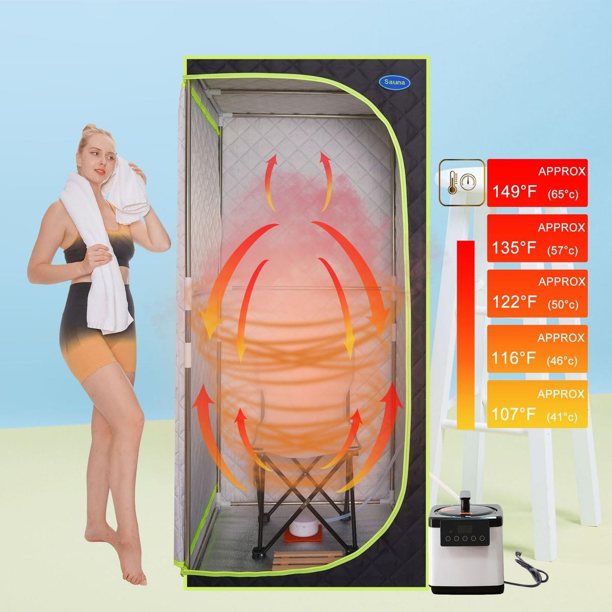 Portable Plus Type Full Size Steam Sauna tent. Spa, Detox, Therapy and Relaxation at home.Larger Space,Stainless Steel Pipes Connector Easy to Install, with FCC Certification--Black(Green binding)