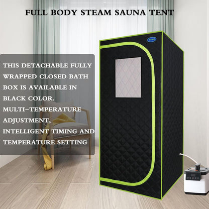 Portable Plus Type Full Size Steam Sauna tent. Spa, Detox, Therapy and Relaxation at home.Larger Space,Stainless Steel Pipes Connector Easy to Install, with FCC Certification--Black(Green binding)