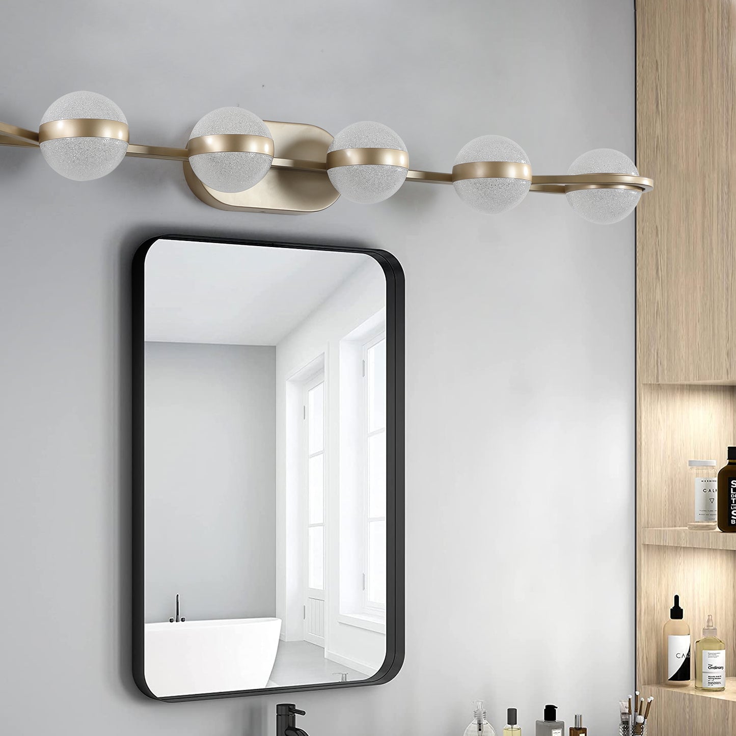 Modern Minimalist Bathroom Vanity Light, LED 6 Bulb Frosted Glass Shades, Wall Mounted Decorative Lighting Fixture, Suitable for Bathroom Vanity Mirror (Champagne Gold)