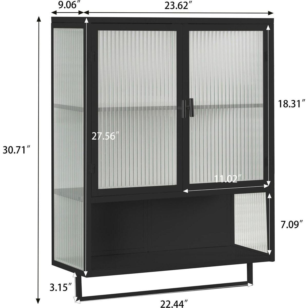 23.62"Glass Doors Modern Two-door Wall Cabinet with Featuring Two-tier Enclosed Storage, an Open Shelf, and Towel Rack, for Entryway Living Room Bathroom Dining Room,Black