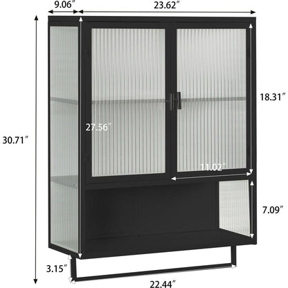 23.62"Glass Doors Modern Two-door Wall Cabinet with Featuring Two-tier Enclosed Storage, an Open Shelf, and Towel Rack, for Entryway Living Room Bathroom Dining Room,Black
