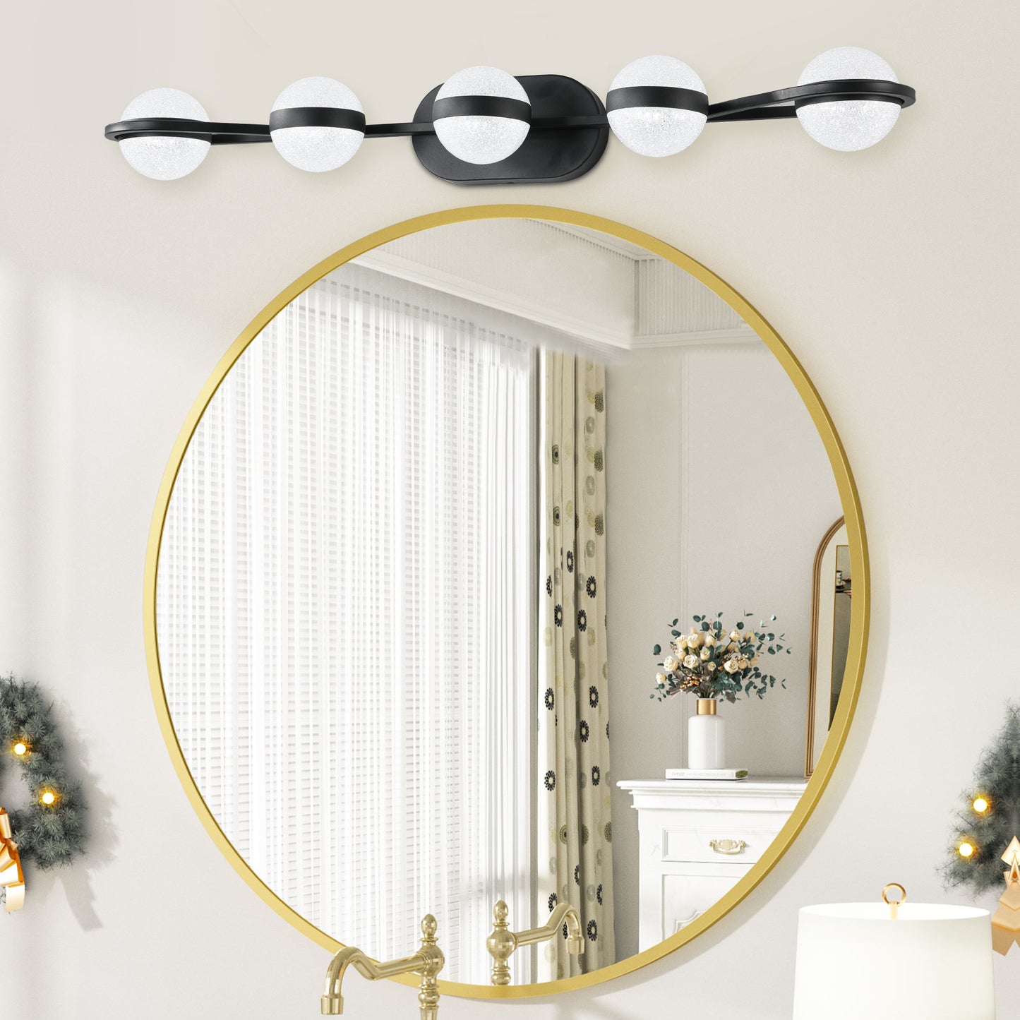 Modern Minimalist Bathroom Vanity Light, LED 5 Bulb Frosted Glass Shades, Wall Mounted Decorative Lighting Fixture, Suitable for Bathroom Vanity Mirror (Black)