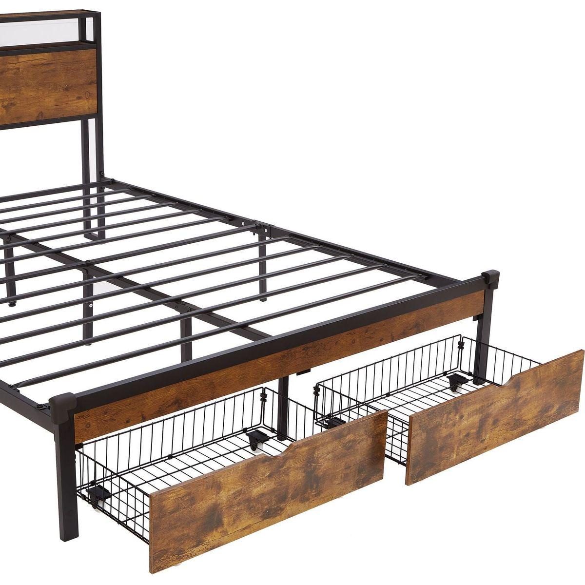 Queen Size Metal Platform Bed Frame with Wooden Headboard and Footboard with USB,Charging Station,2 Drawers,LED Lights, No Box Spring Needed, Easy Assemble