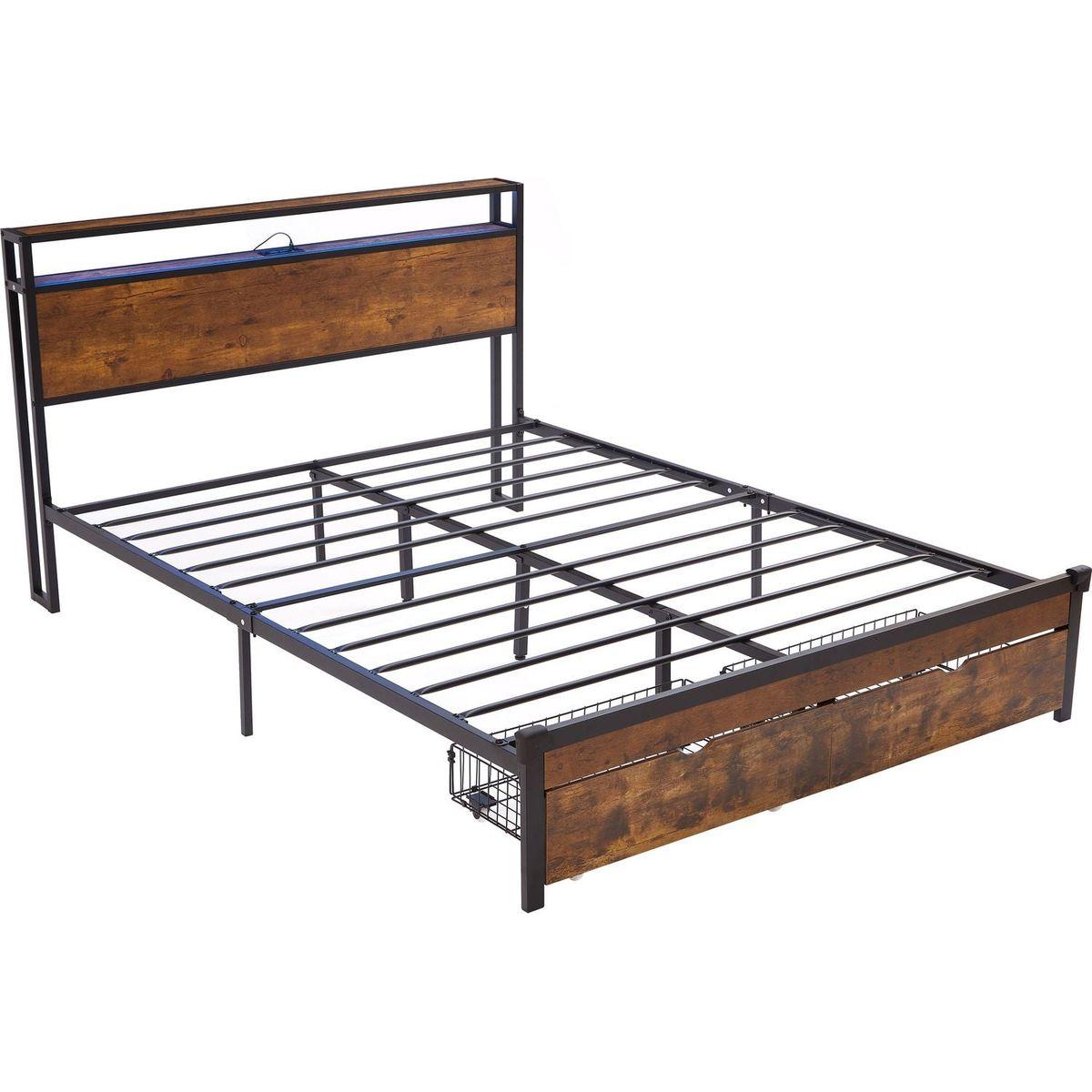 Queen Size Metal Platform Bed Frame with Wooden Headboard and Footboard with USB,Charging Station,2 Drawers,LED Lights, No Box Spring Needed, Easy Assemble