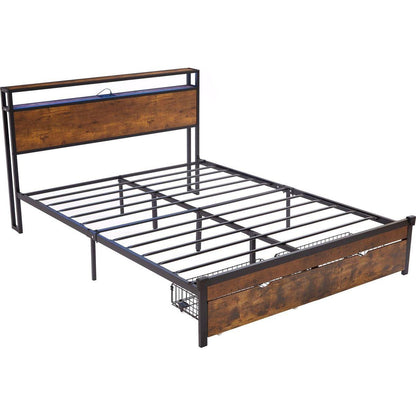 Queen Size Metal Platform Bed Frame with Wooden Headboard and Footboard with USB,Charging Station,2 Drawers,LED Lights, No Box Spring Needed, Easy Assemble