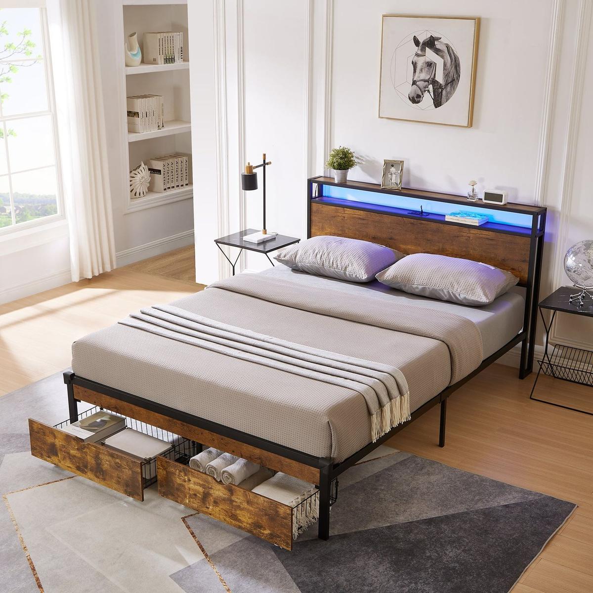 Queen Size Metal Platform Bed Frame with Wooden Headboard and Footboard with USB,Charging Station,2 Drawers,LED Lights, No Box Spring Needed, Easy Assemble