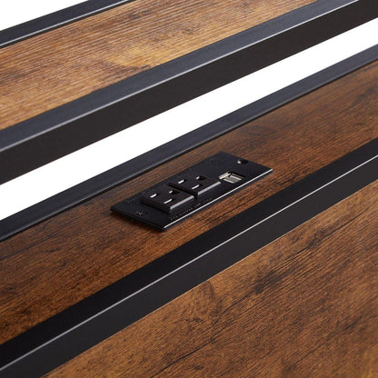 Queen Size Metal Platform Bed Frame with Wooden Headboard and Footboard with USB,Charging Station,2 Drawers,LED Lights, No Box Spring Needed, Easy Assemble