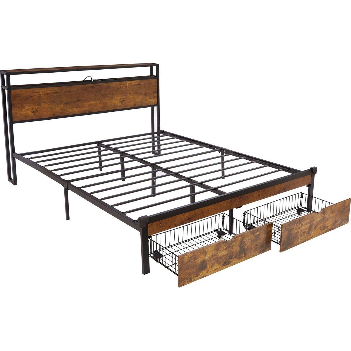 Queen Size Metal Platform Bed Frame with Wooden Headboard and Footboard with USB,Charging Station,2 Drawers,LED Lights, No Box Spring Needed, Easy Assemble