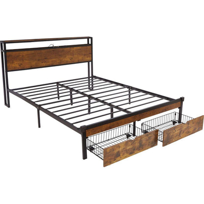 Queen Size Metal Platform Bed Frame with Wooden Headboard and Footboard with USB,Charging Station,2 Drawers,LED Lights, No Box Spring Needed, Easy Assemble