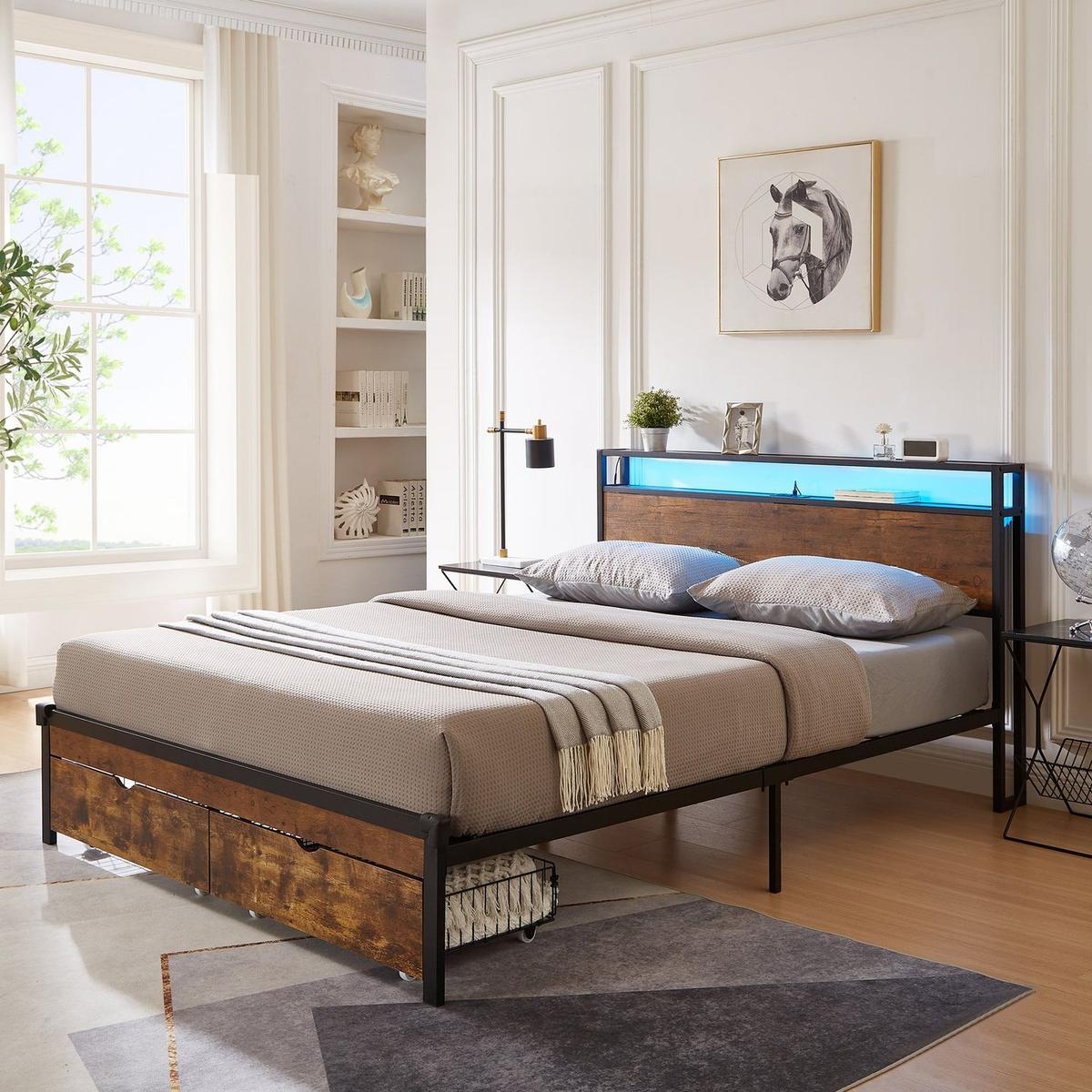Queen Size Metal Platform Bed Frame with Wooden Headboard and Footboard with USB,Charging Station,2 Drawers,LED Lights, No Box Spring Needed, Easy Assemble