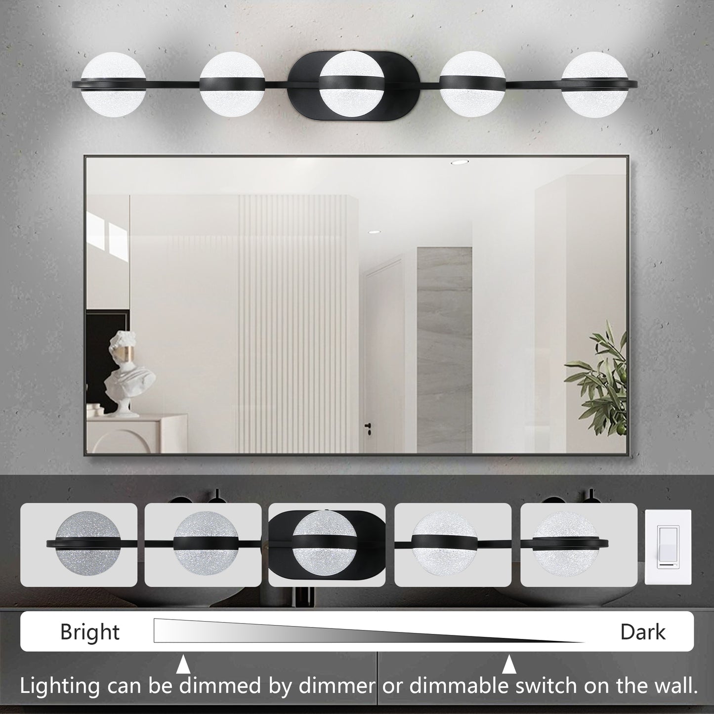 Modern Minimalist Bathroom Vanity Light, LED 5 Bulb Frosted Glass Shades, Wall Mounted Decorative Lighting Fixture, Suitable for Bathroom Vanity Mirror (Black)