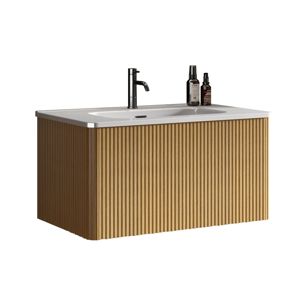 U049-Etna30W-306 Etna 30" Striped Natural Oak Bathroom Vanity with White Ceramic Sink, Wall Mounted Floating Bathroom Vanity for Modern Bathroom, One-Piece White Basin without Drain, Pre-assembled