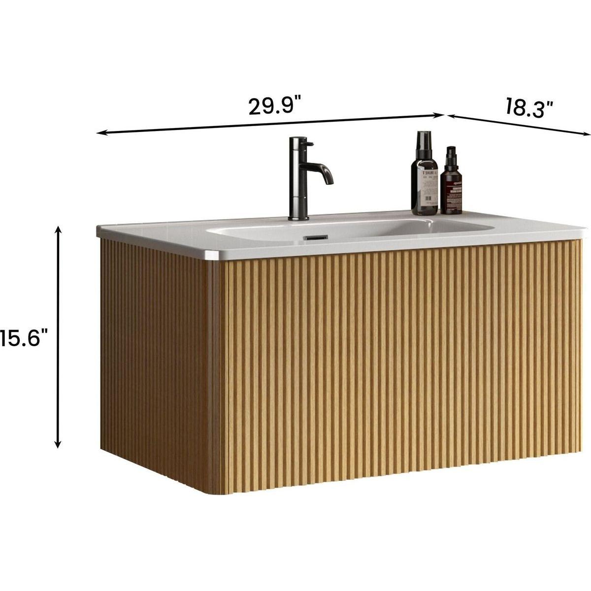 U049-Etna30W-306 Etna 30" Striped Natural Oak Bathroom Vanity with White Ceramic Sink, Wall Mounted Floating Bathroom Vanity for Modern Bathroom, One-Piece White Basin without Drain, Pre-assembled