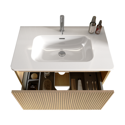 U049-Etna30W-306 Etna 30" Striped Natural Oak Bathroom Vanity with White Ceramic Sink, Wall Mounted Floating Bathroom Vanity for Modern Bathroom, One-Piece White Basin without Drain, Pre-assembled