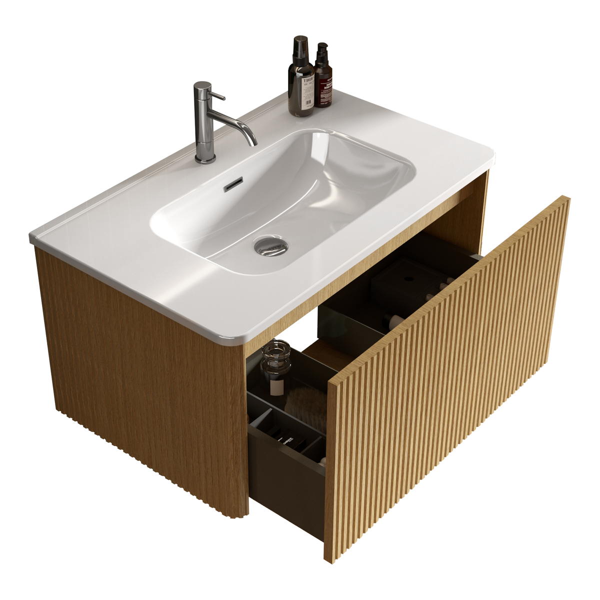 U049-Etna30W-306 Etna 30" Striped Natural Oak Bathroom Vanity with White Ceramic Sink, Wall Mounted Floating Bathroom Vanity for Modern Bathroom, One-Piece White Basin without Drain, Pre-assembled