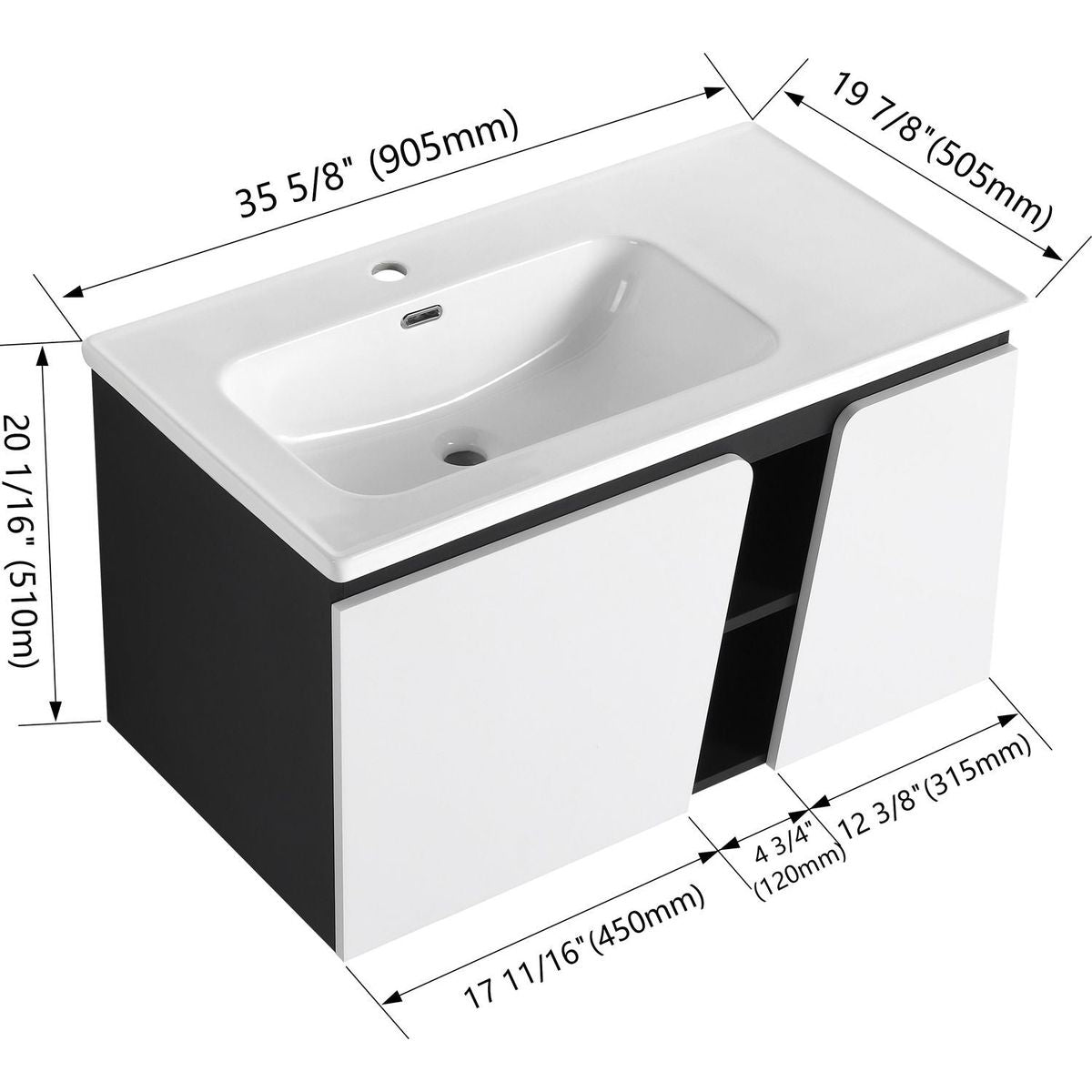 36" Floating Wall-Mounted Bathroom Vanity With Ceramic Basin & Soft-Close Cabinet Door