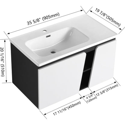 36" Floating Wall-Mounted Bathroom Vanity With Ceramic Basin & Soft-Close Cabinet Door