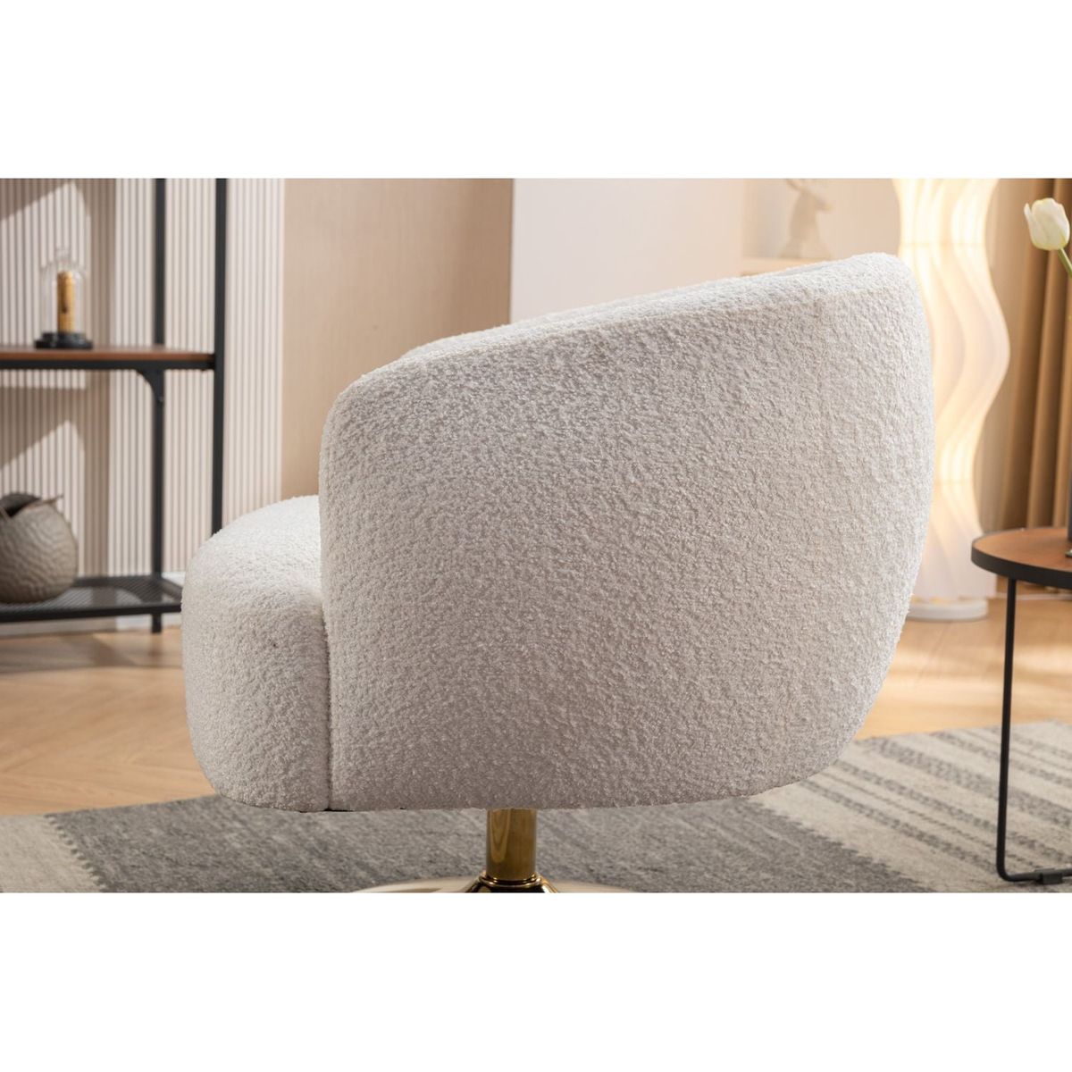 Chenille Fabric Accent Swivel Chair With Gold Metal Round Base,White