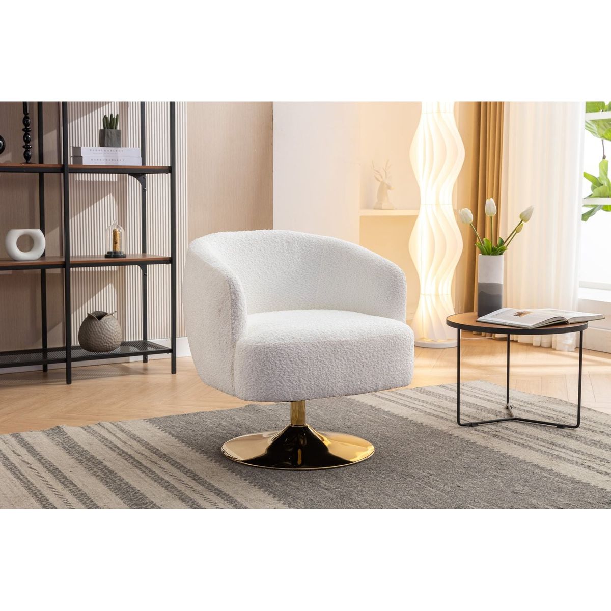 Chenille Fabric Accent Swivel Chair With Gold Metal Round Base,White