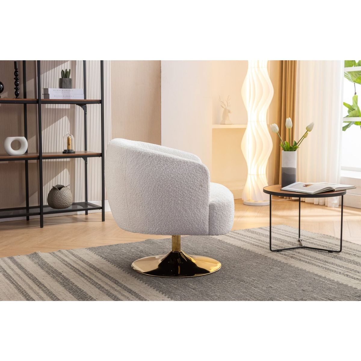 Chenille Fabric Accent Swivel Chair With Gold Metal Round Base,White